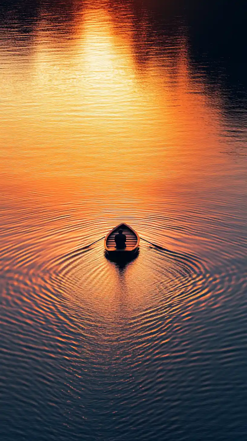 Lone boat crossing a calm lake at golden sunset