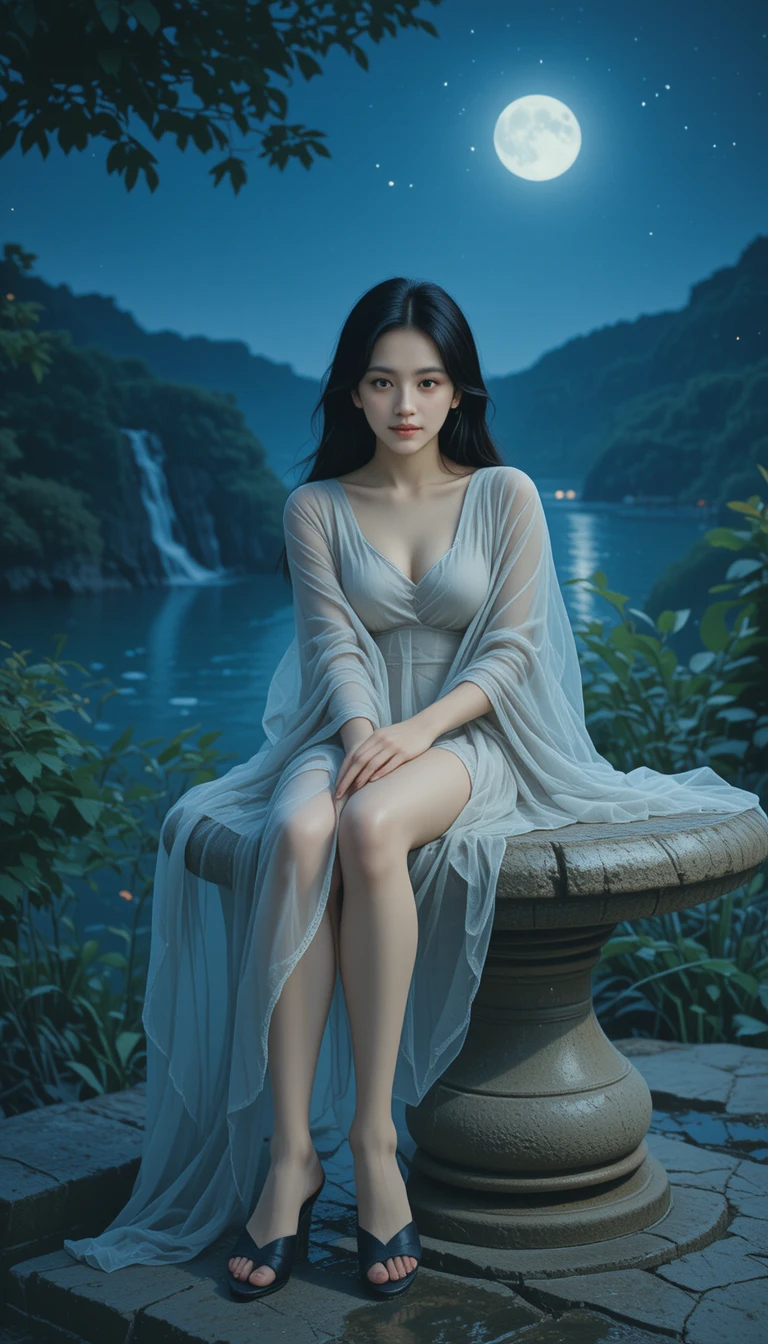 Femme au châle gris près d’une eau tranquille au clair de lune