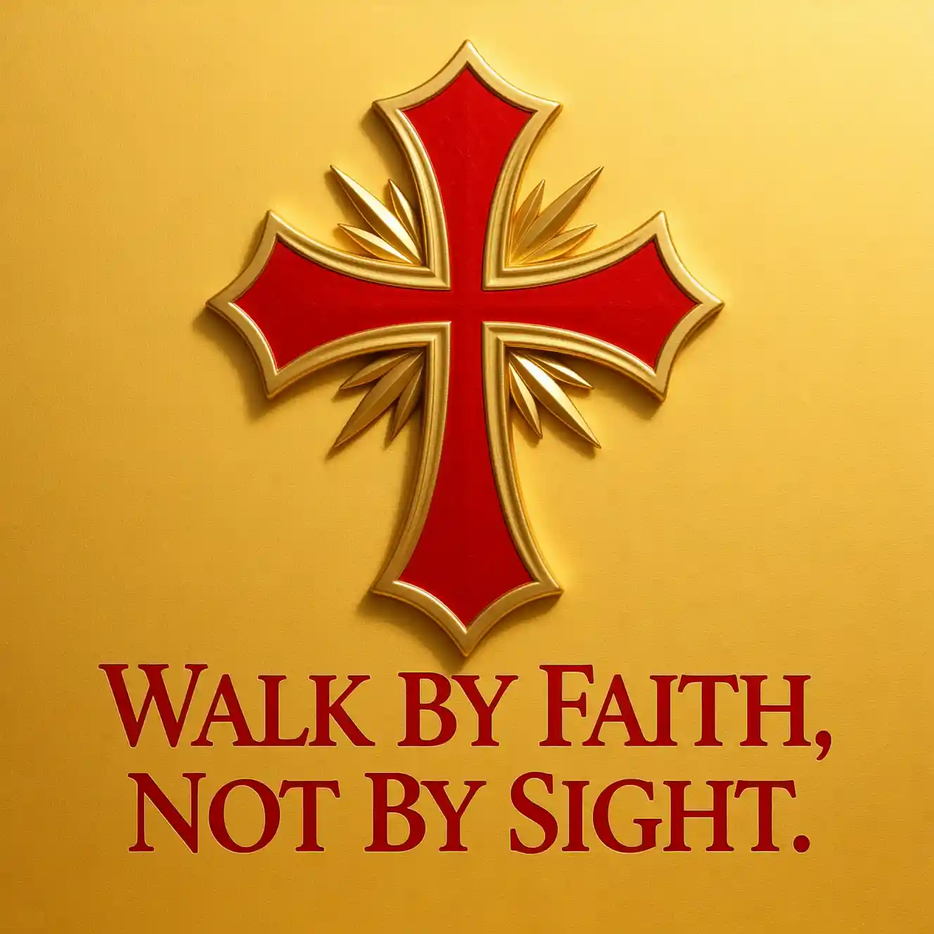 Red templar style cross on gold with faith quote