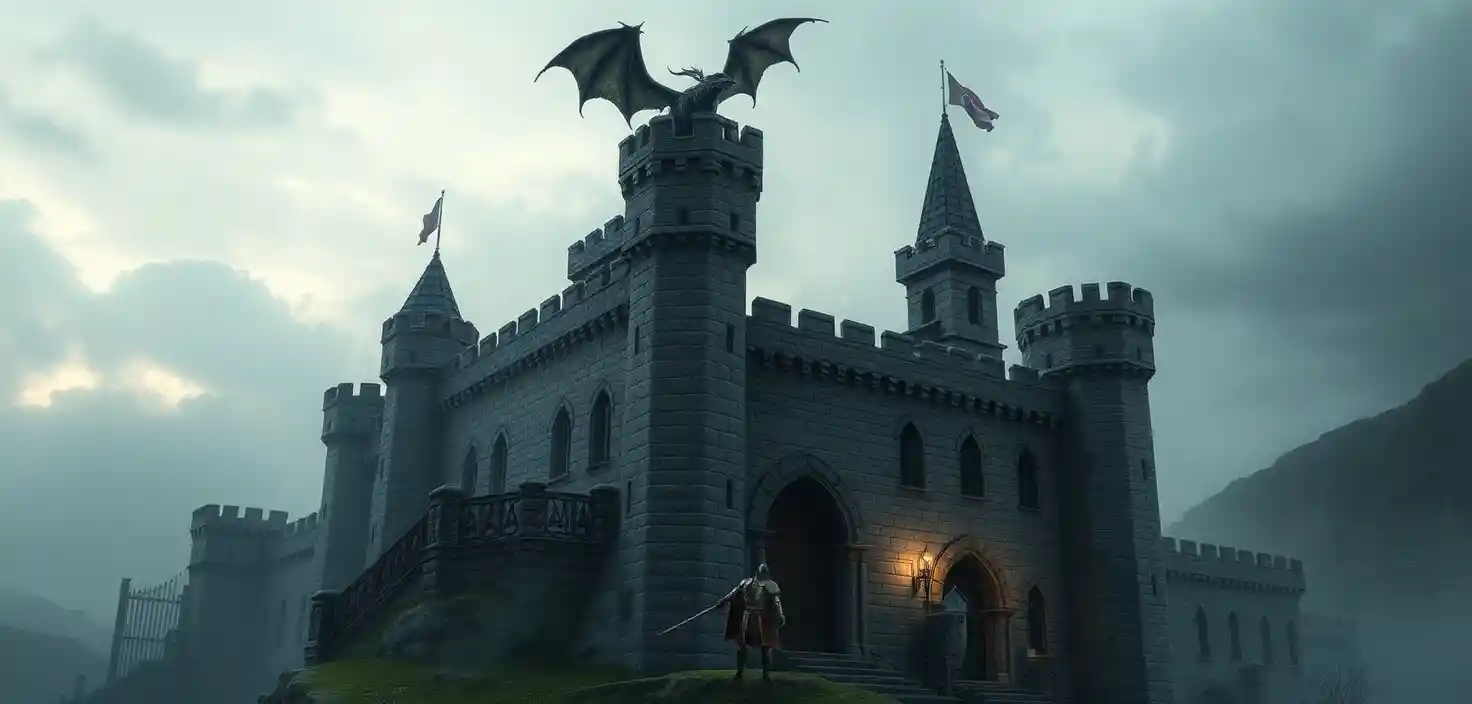 Fortaleza medieval con dragón sobre un paisaje brumoso