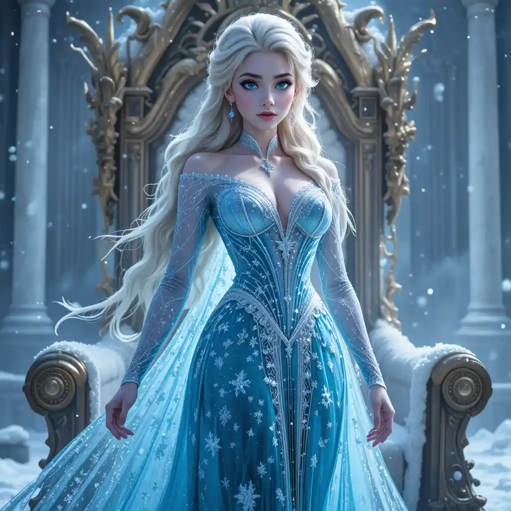 Regal ice sorceress queen in a shimmering winter gown