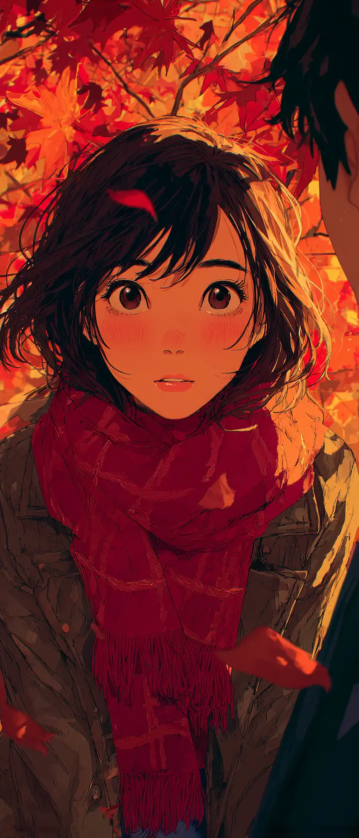 Ragazza anime timida che confessa il suo amore sotto gli alberi autunnali