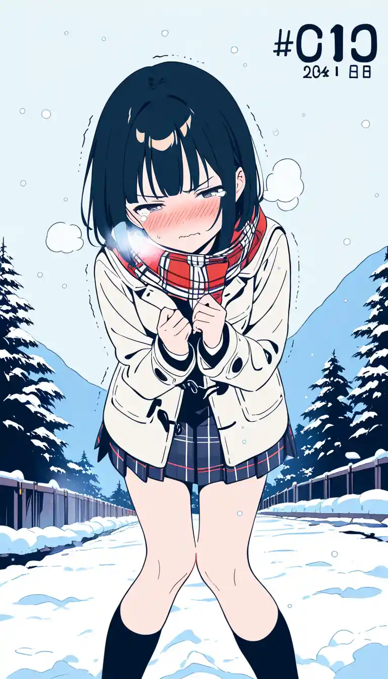 Lycéenne timide style anime en manteau d’hiver dans une rue enneigée