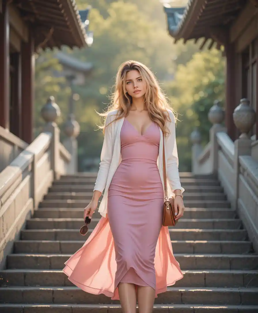 Élégante femme blonde descendant des marches en pierre dans un temple