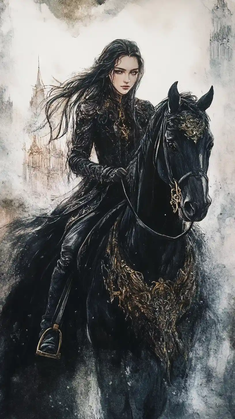 Dark fantasy warrior queen on black warhorse in ruins