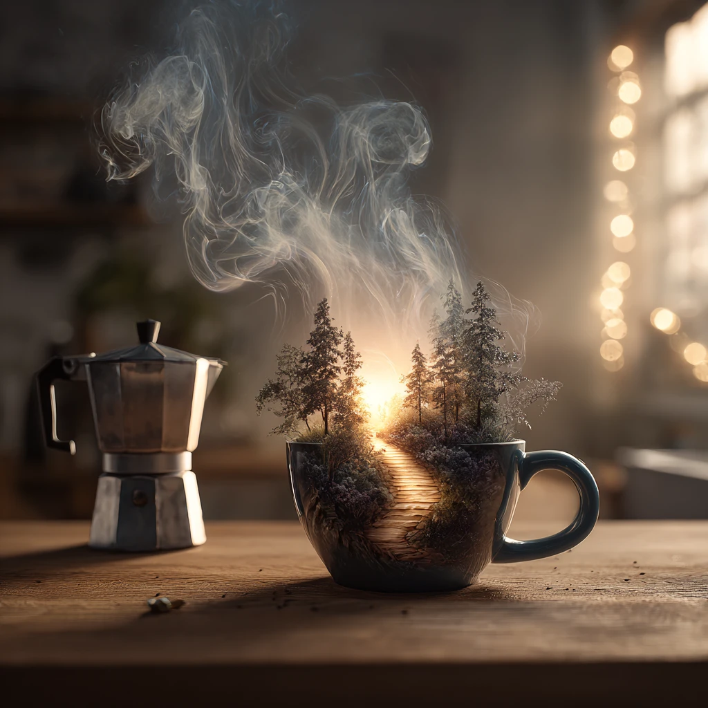 Scène de forêt onirique dans une tasse de café sur un comptoir de cuisine cosy