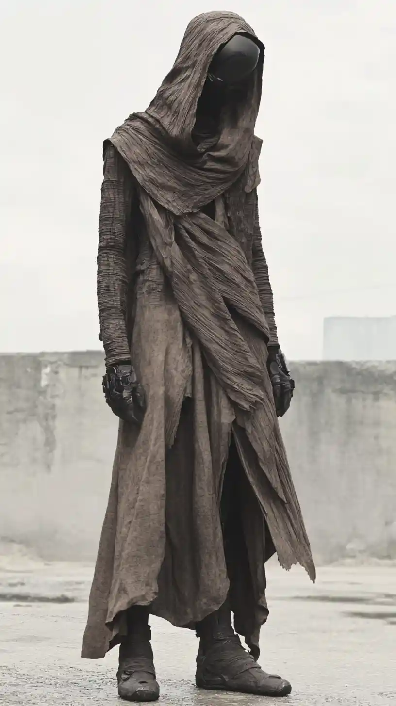 Cyberpunk bionic woman in layered black mantle coat
