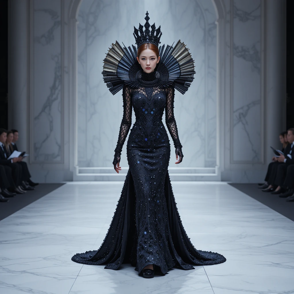 Modelo coreana con vestido gótico de cuello abanico con cuentas en la pasarela