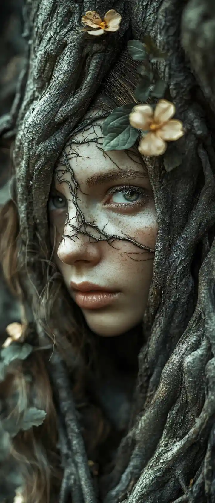 Gloomy forest nymph emerging from entwined trees and ivy