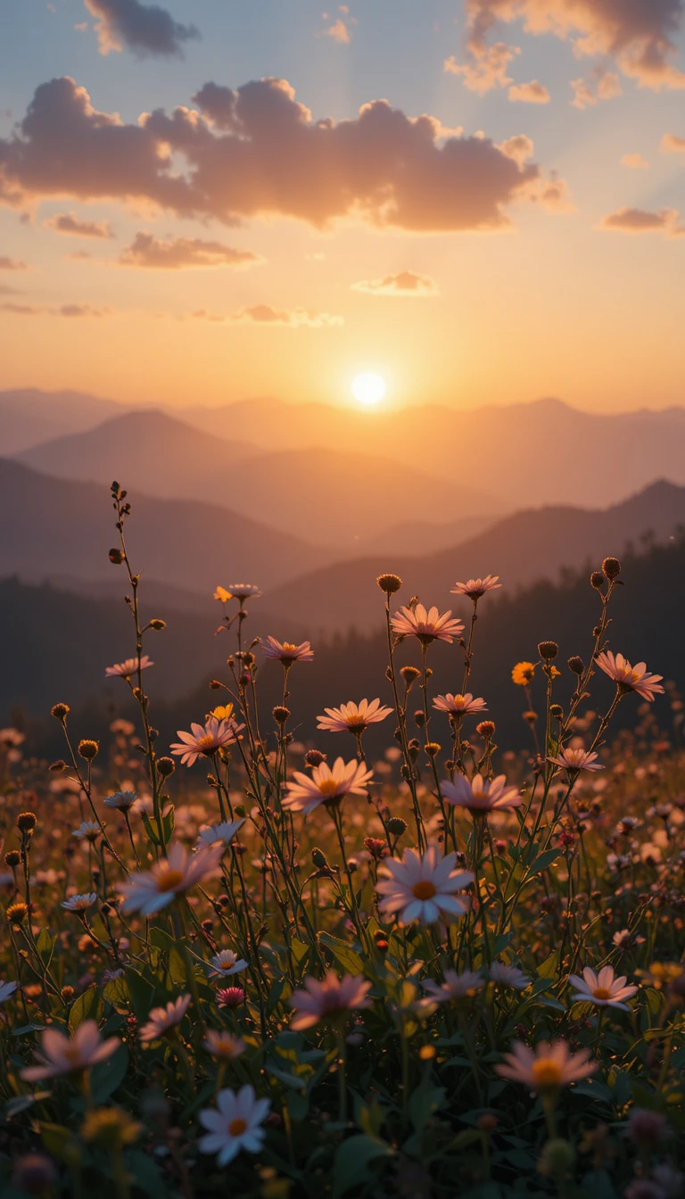 Wildblumen zur Goldenen Stunde vor fernen Bergsilhouetten