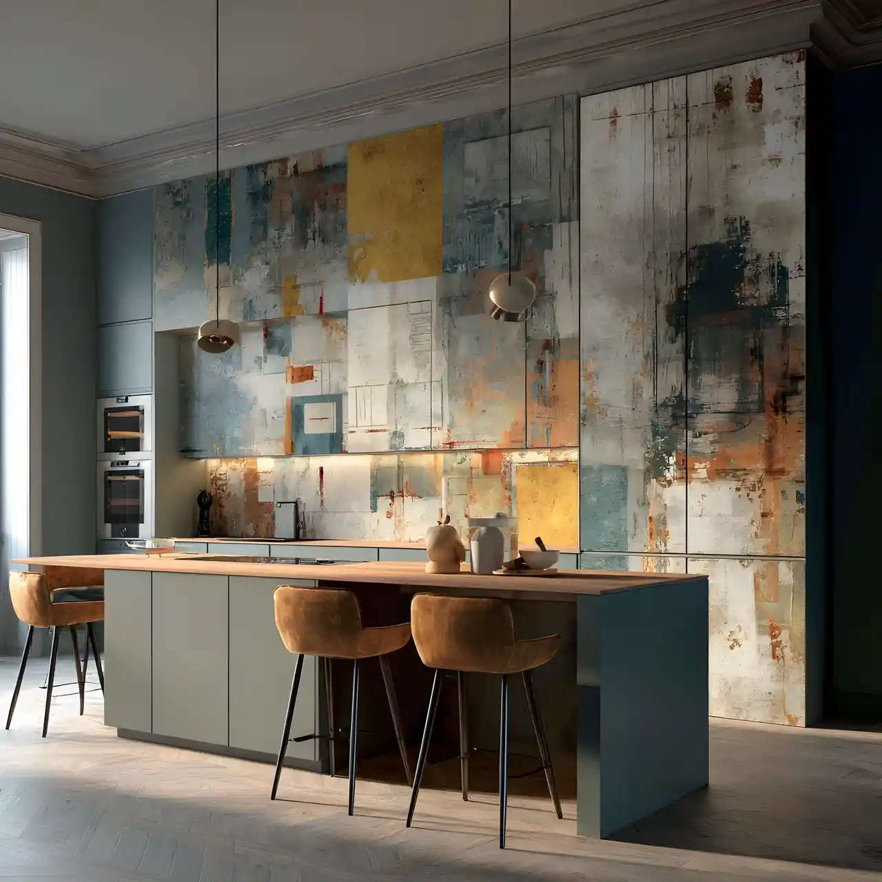 Retro modern kitchen within abstract golden art mural