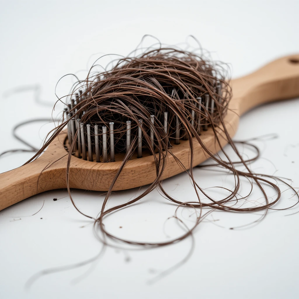 もつれた茶色い髪が詰まった木製ヘアブラシのクローズアップ