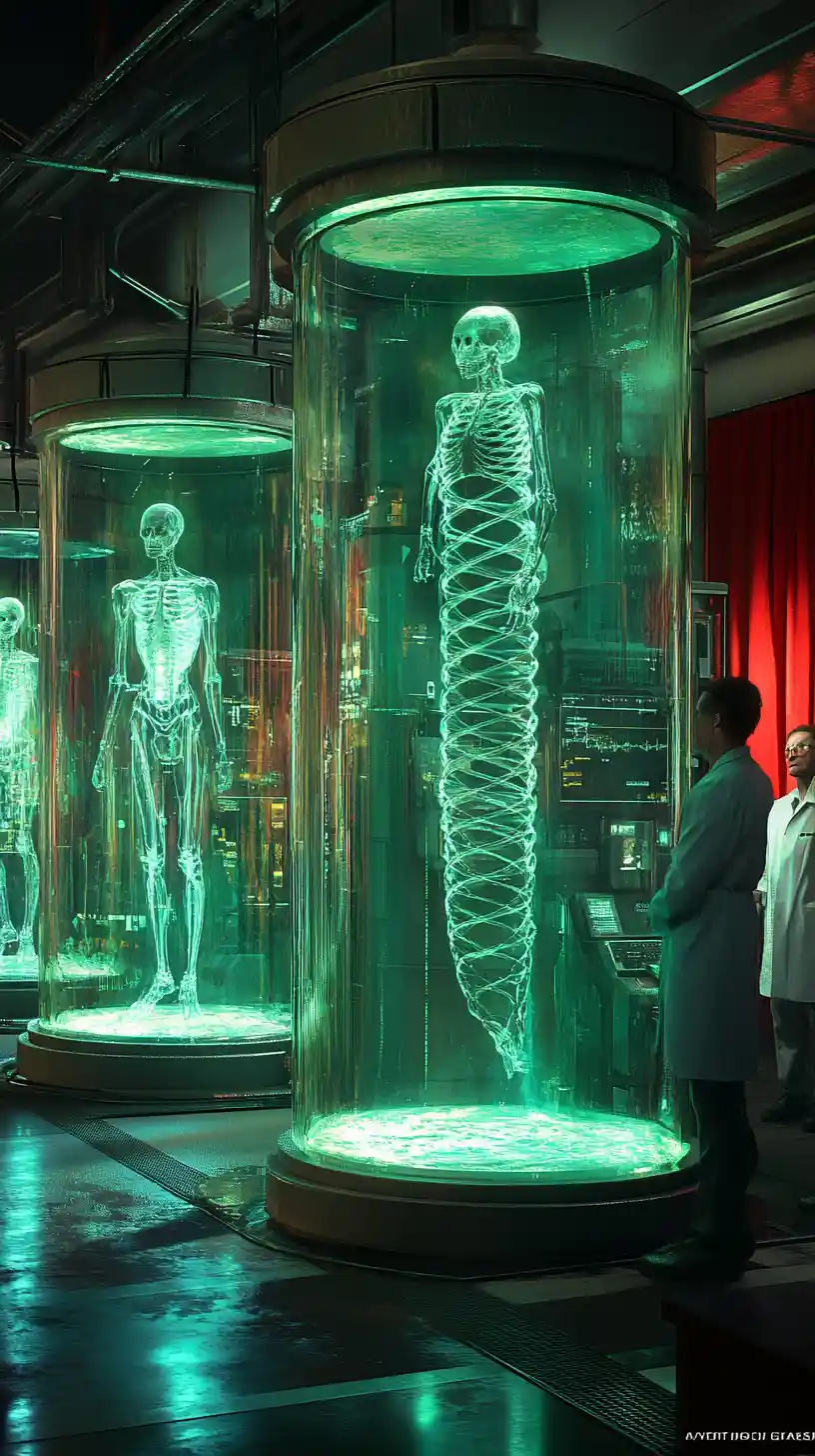 Futuristic lab with winged humanoids in glowing tanks