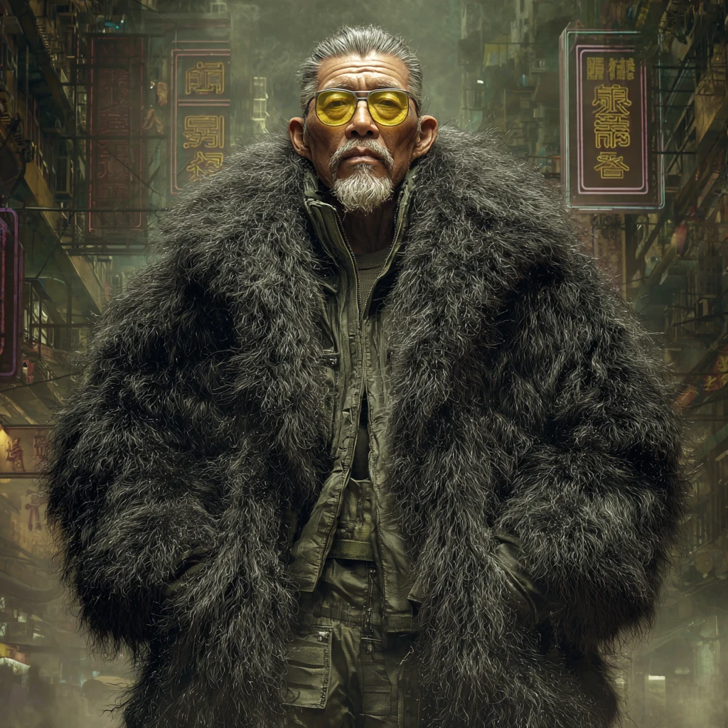 Elderly cyber warlord on neon lit Hong Kong street
