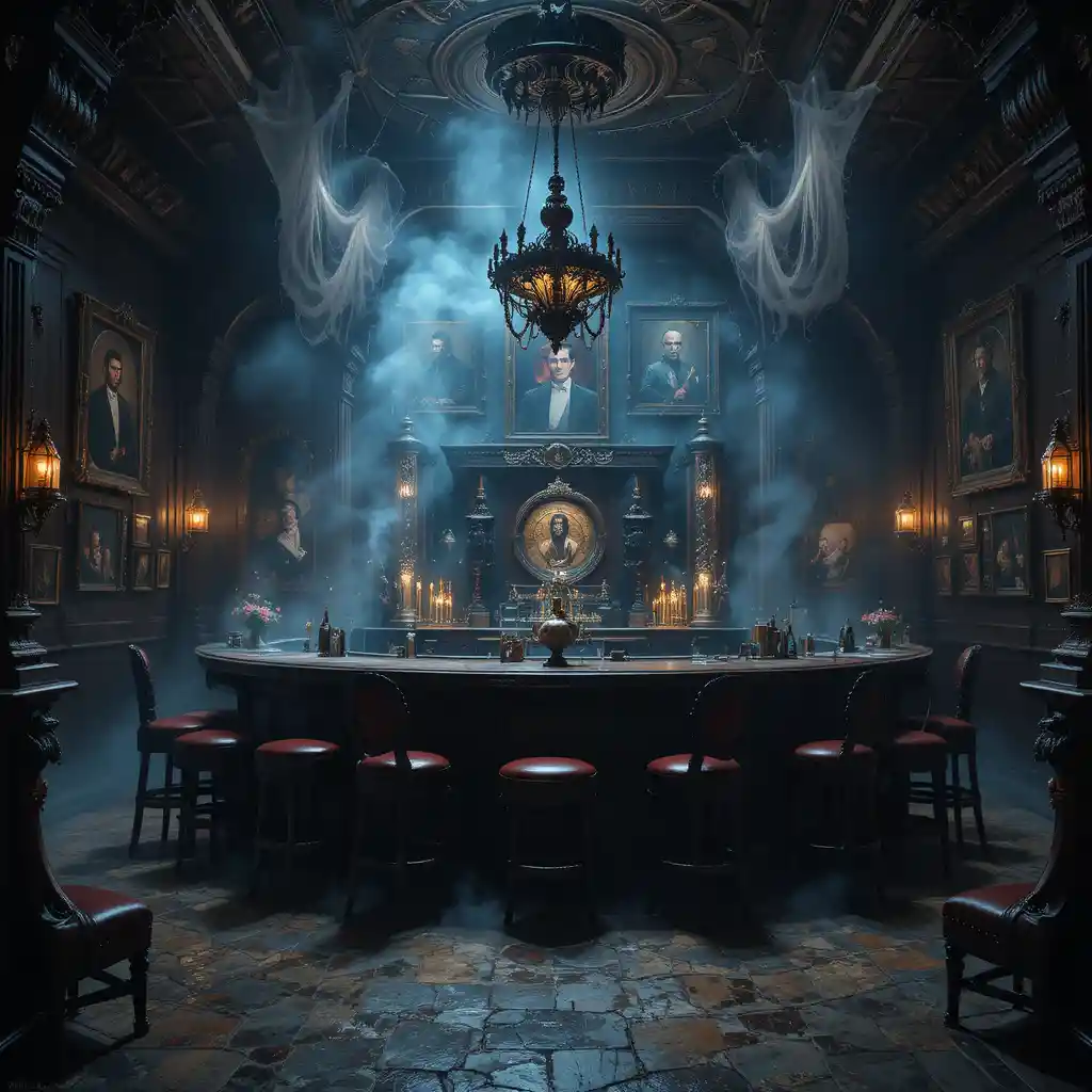 Dark villain lair bar with gothic decor and smoke