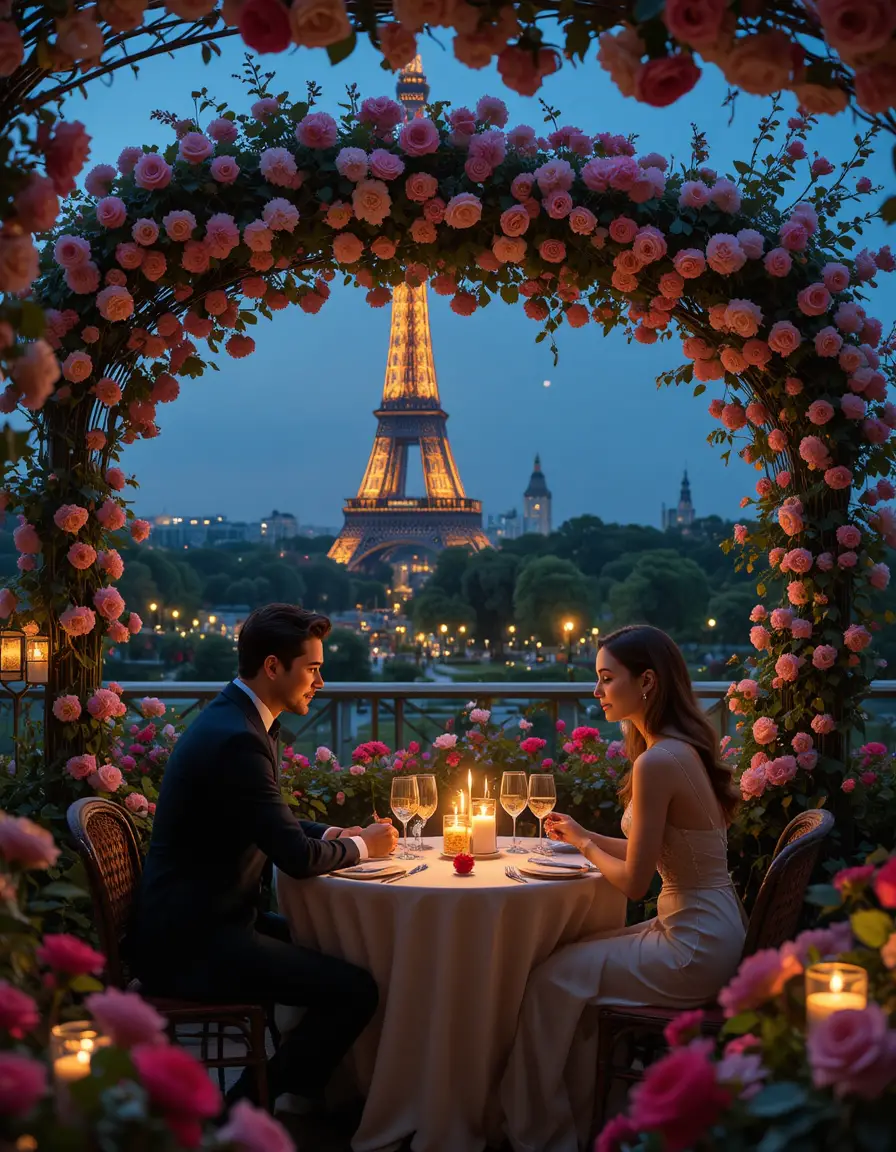 Romantic candlelit dinner for two in a Parisian garden