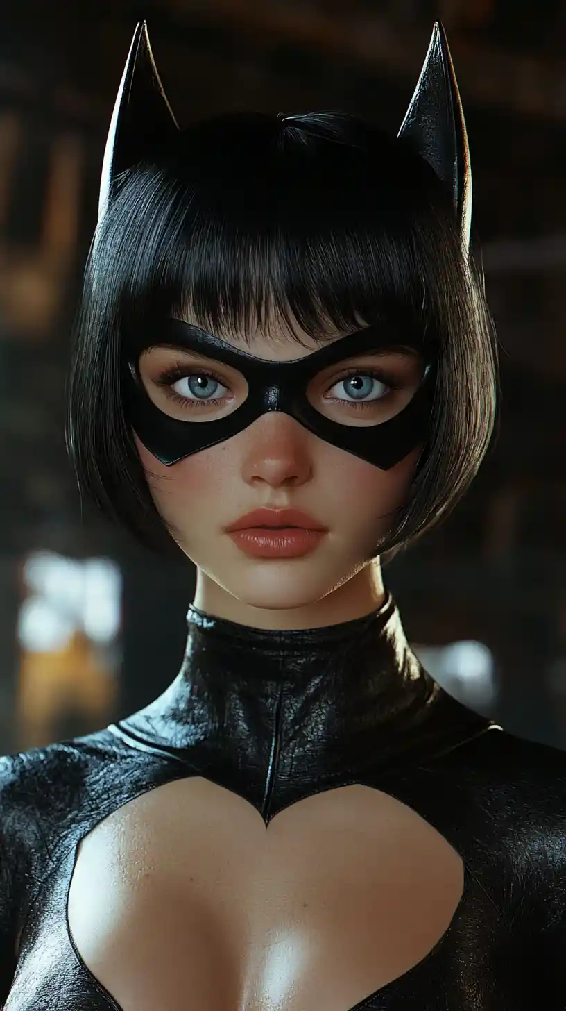 Dark masked bat girl in glossy black leather portrait