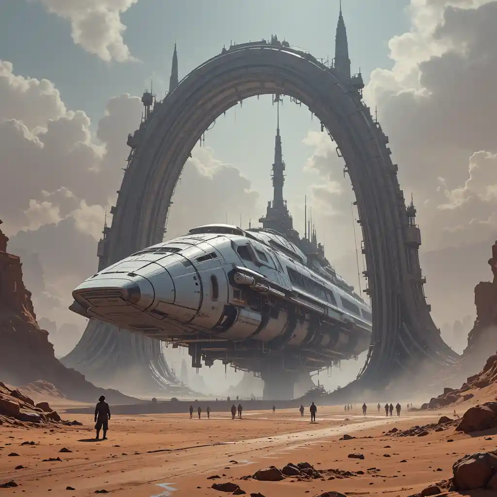 Gigantic spaceships docked at a futuristic desert refit station