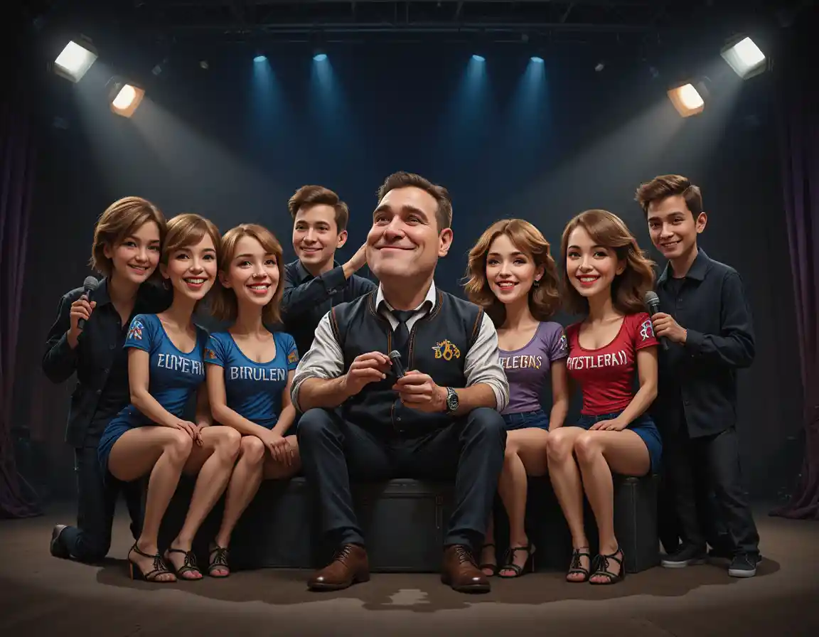 Grupo de personas en un escenario oscuro de estudio de TV bajo los focos