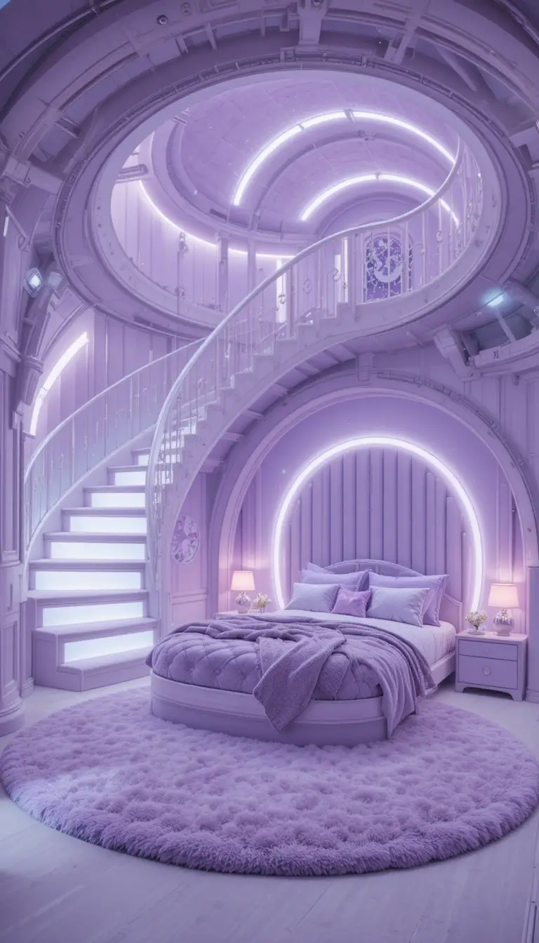 Futuristisches Schlafzimmer im Lavendel-Loft mit leuchtenden LED-Akzenten