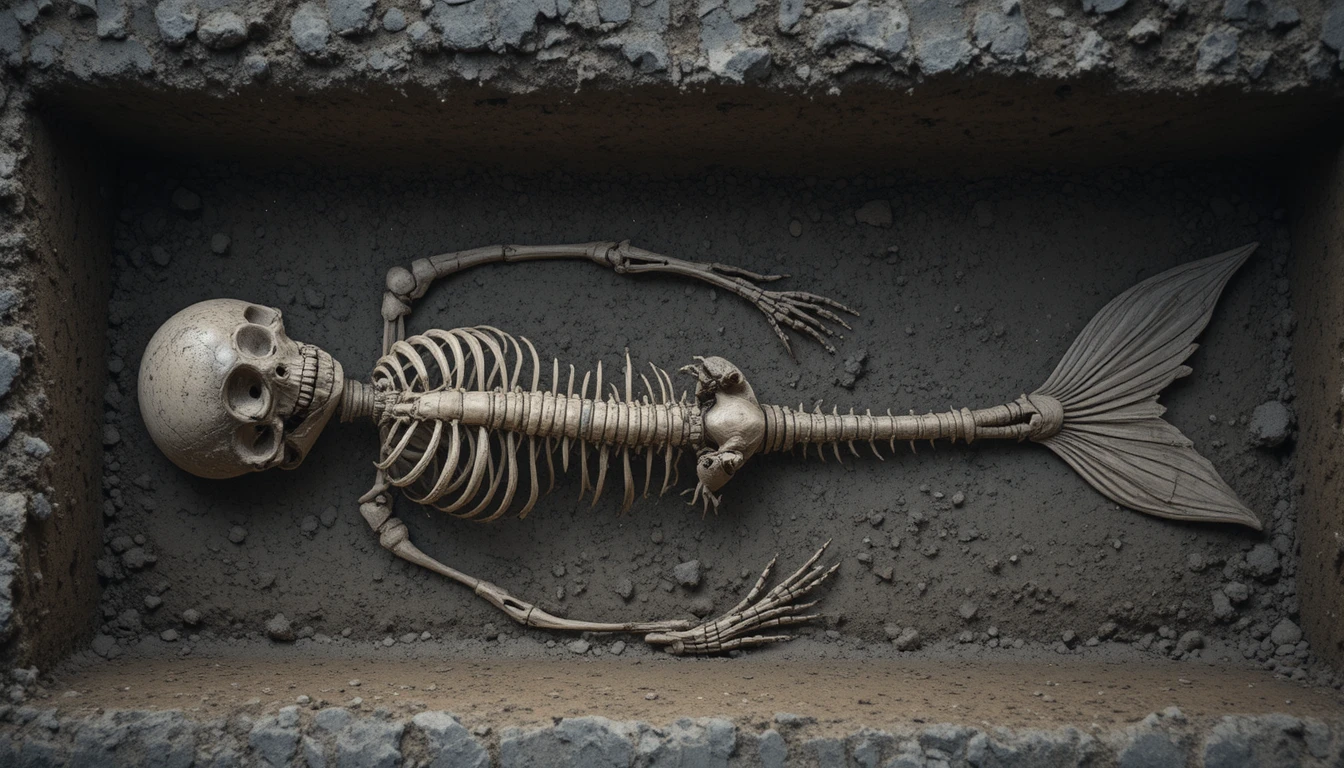 Unearthed mermaid skeleton in a shallow earthen grave