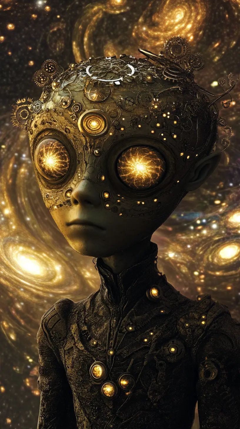 Grotesque steampunk humanoid in a glowing cosmic storm