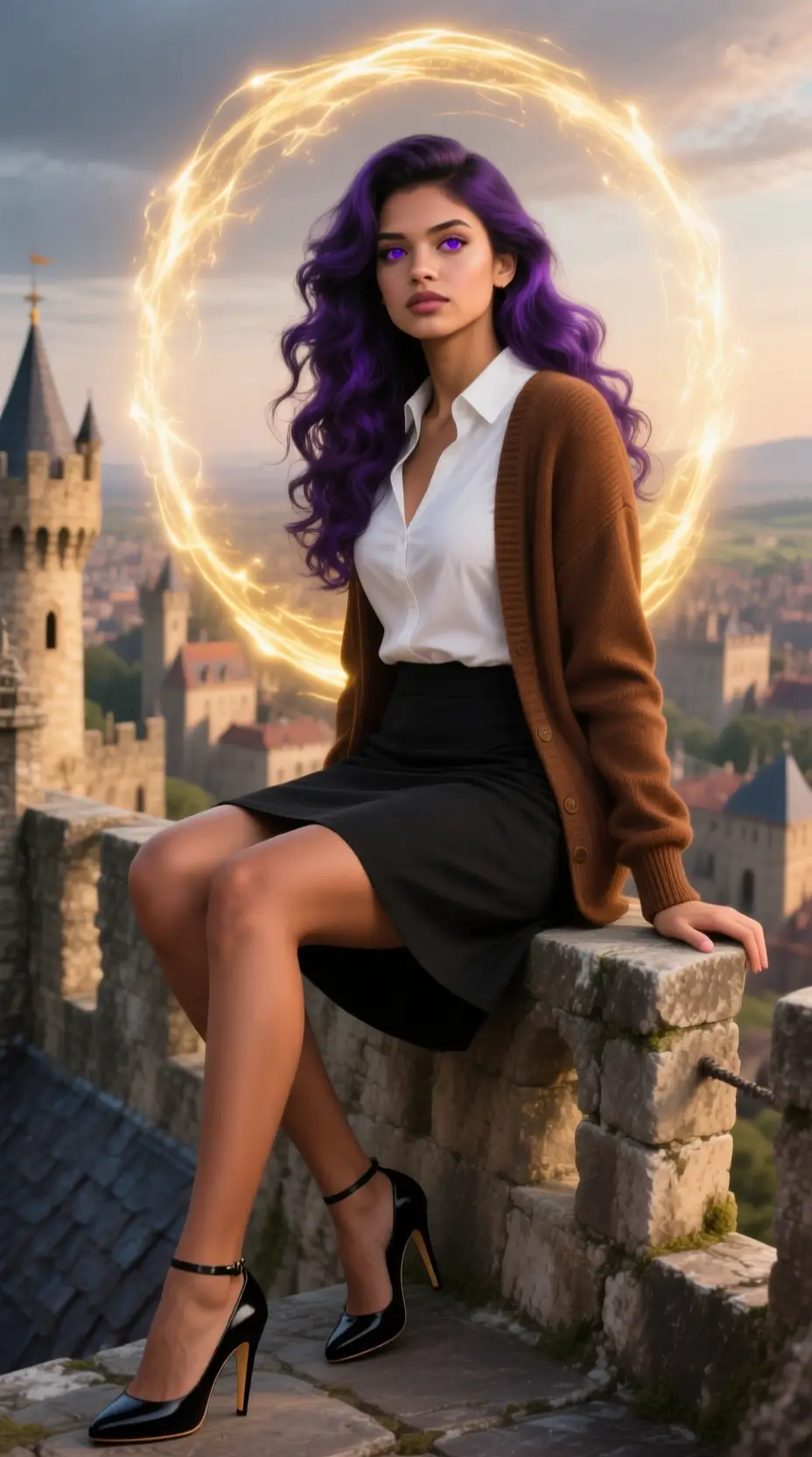 Woman with purple hair on a castle rooftop at dusk