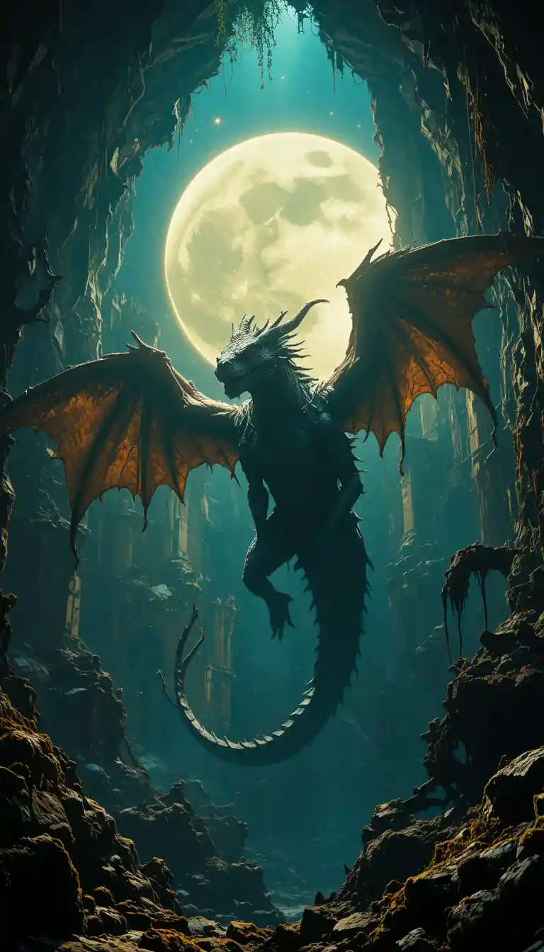 Black dragon flying before a luminous full moon