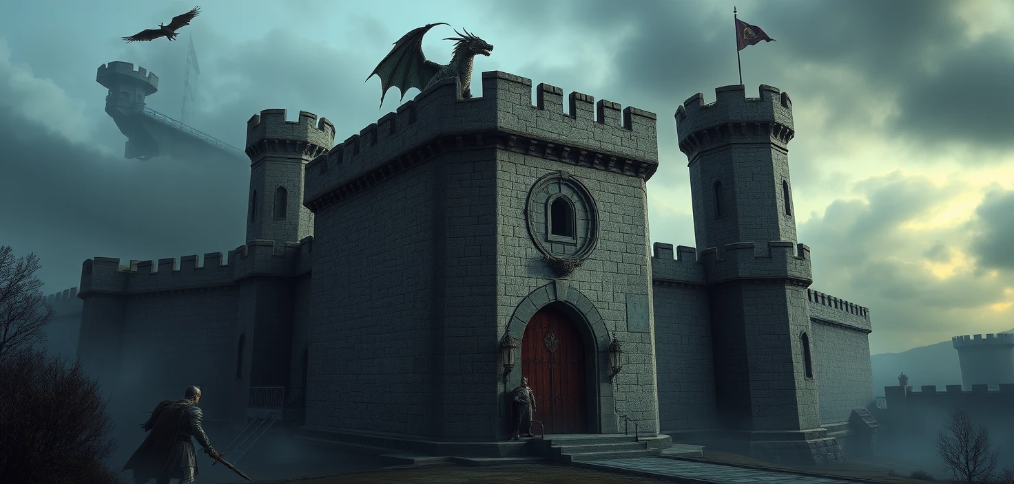 Medieval fortress under a brooding sky with dragon and knight