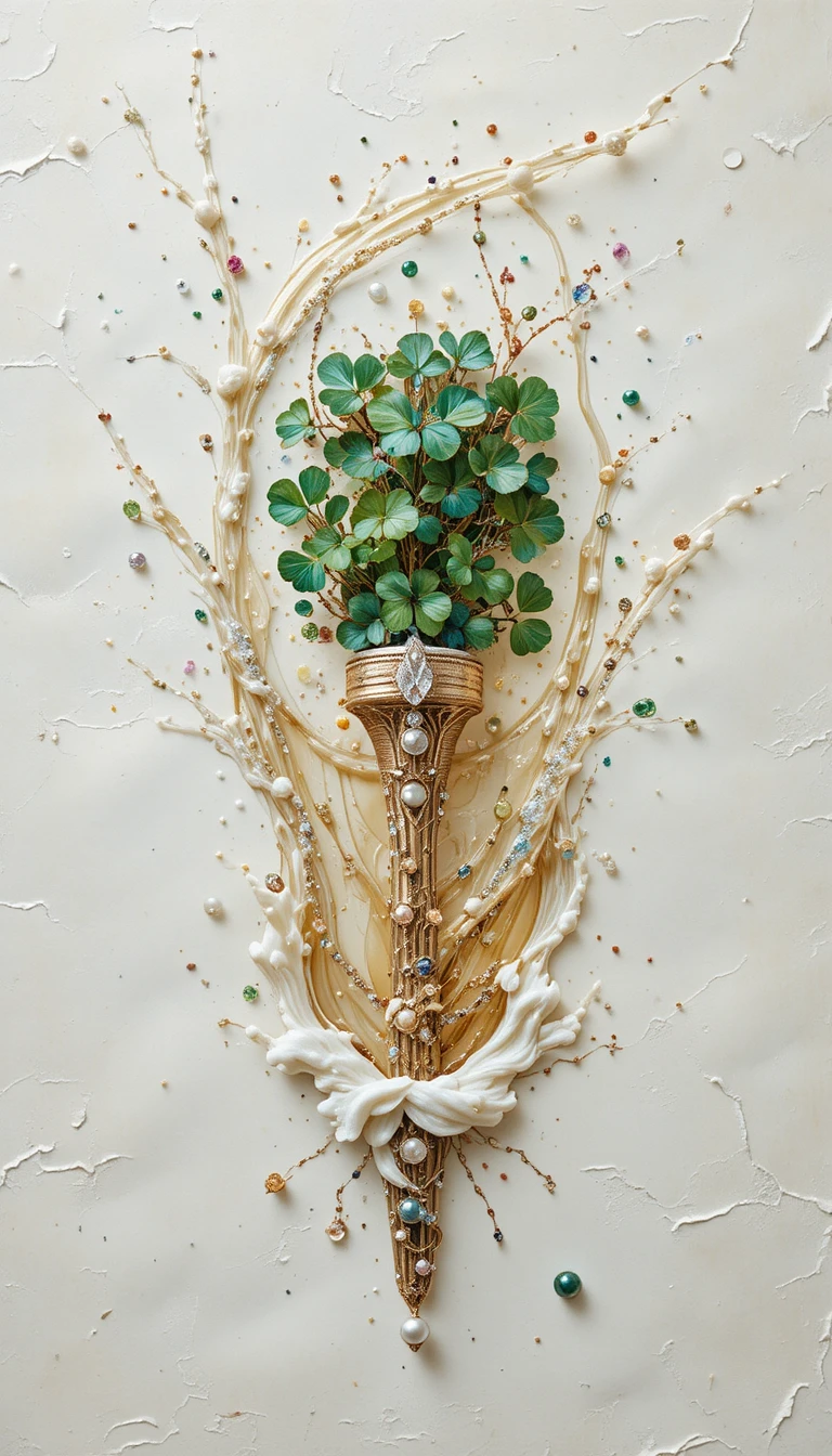 Surreal champagne splash with tree shaped brush and gemstones