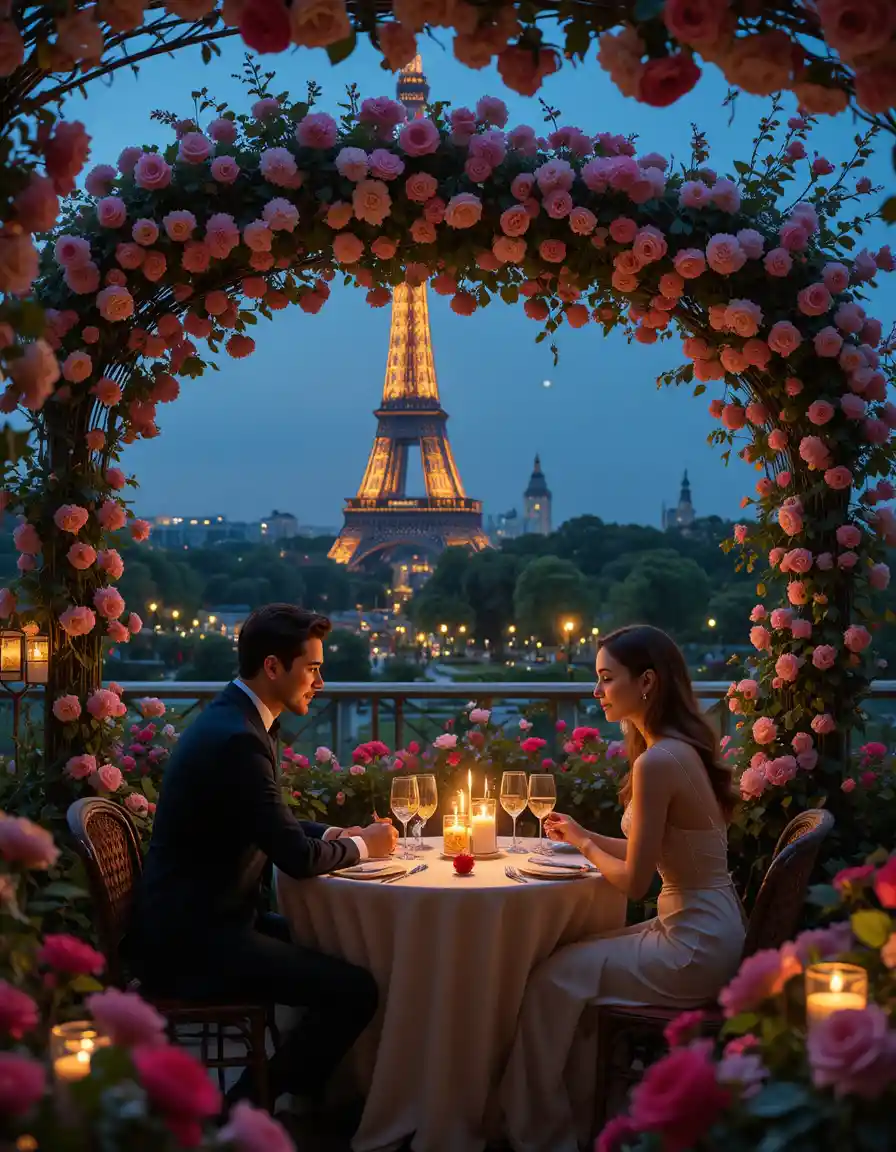 Romantic candlelit dinner for two in a Parisian garden