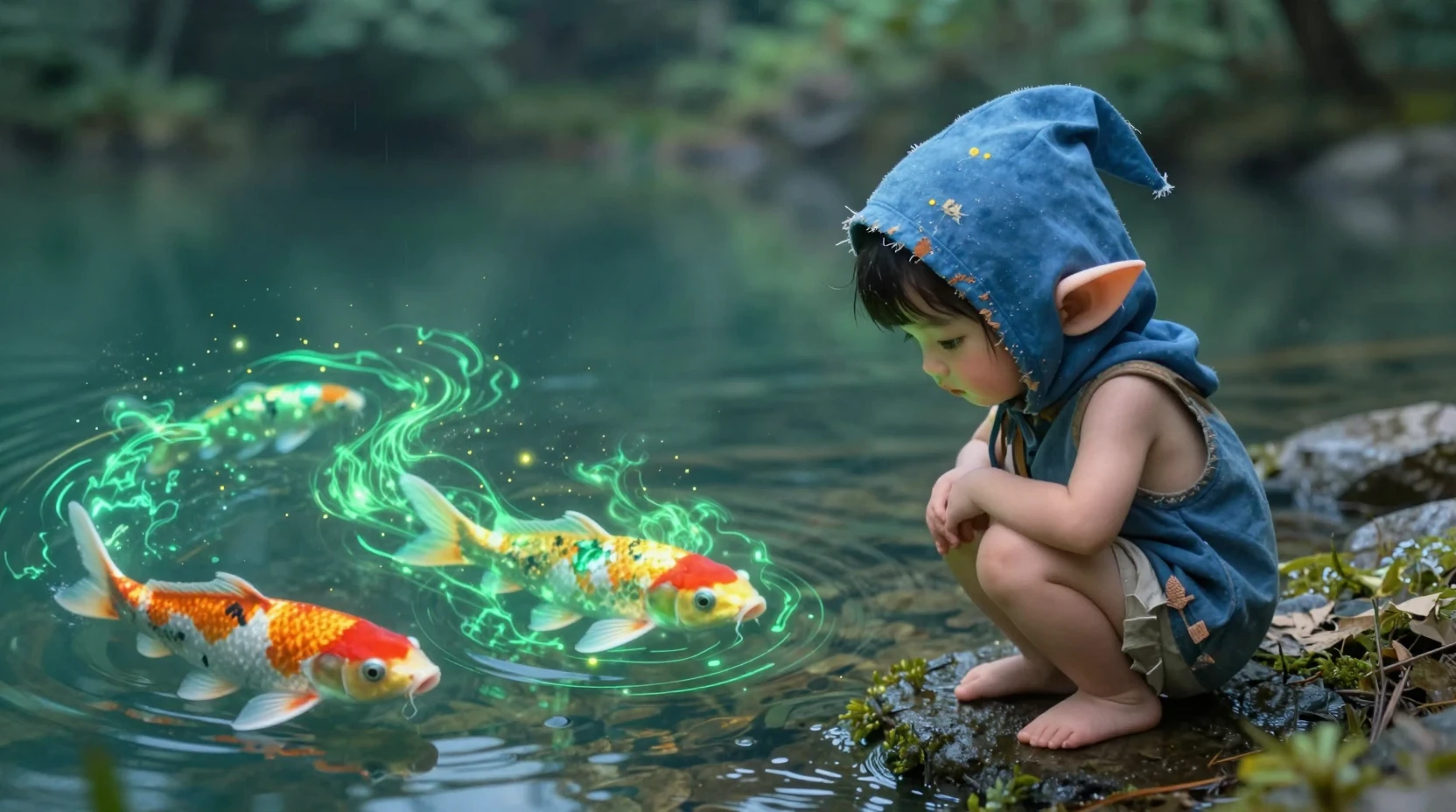 發光森林中水晶湖畔的小精靈