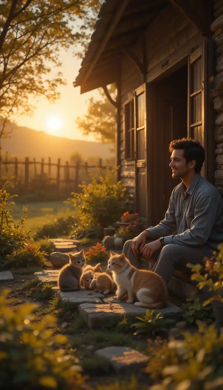 Mutterkatze und Kätzchen ruhen bei Sonnenuntergang vor einem Dorfhaus