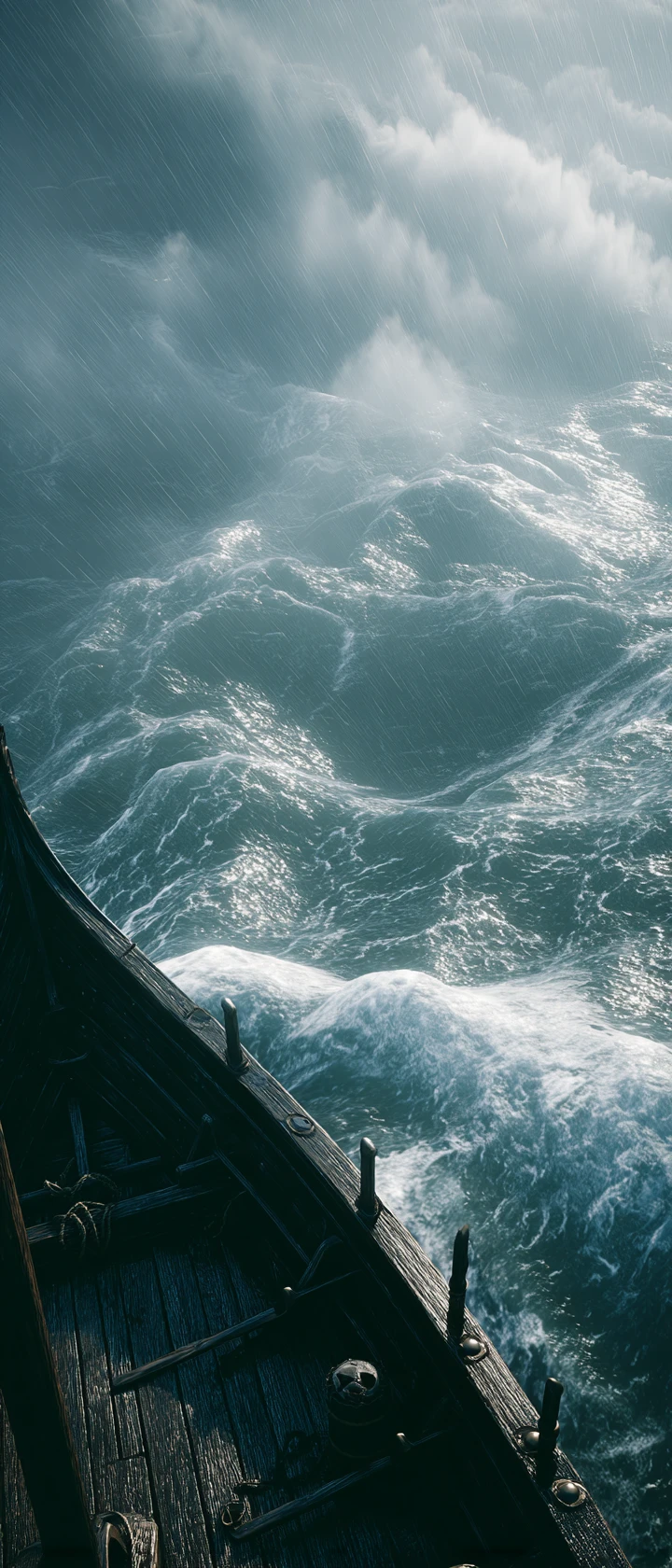Mer orageuse vue depuis la proue d’un vieux navire viking
