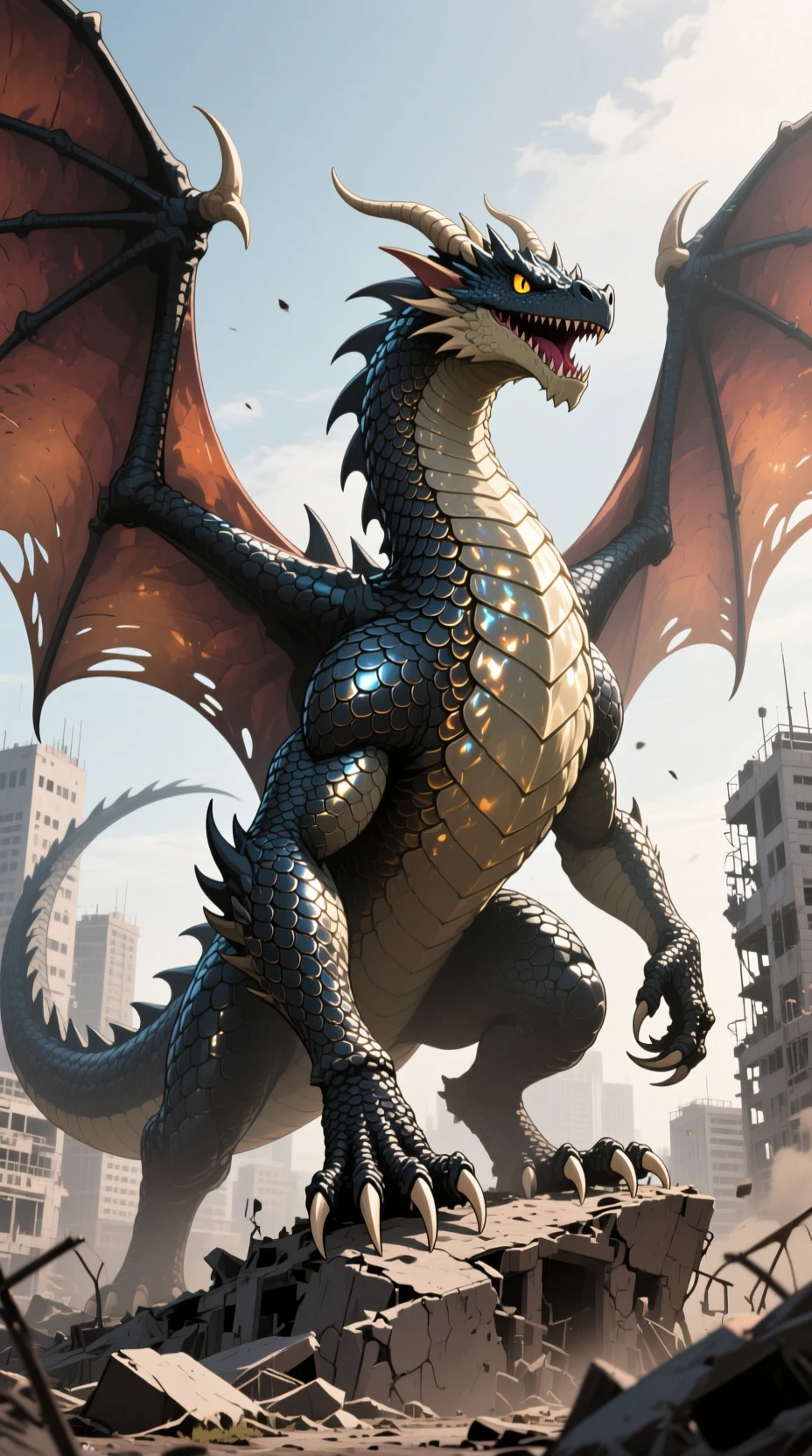 Anthropomorpher Drachen-Kaiju überblickt eine zerstörte Stadtlandschaft
