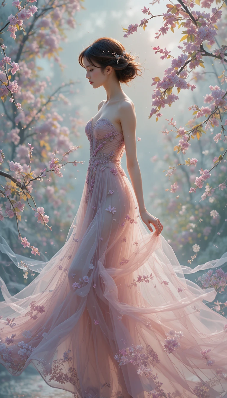 Elegante silhouette femminile in abito di organza fluente in line art