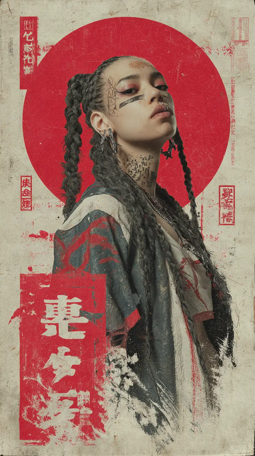 Ragazza con trecce in stile ukiyo-e davanti al sole rosso nascente