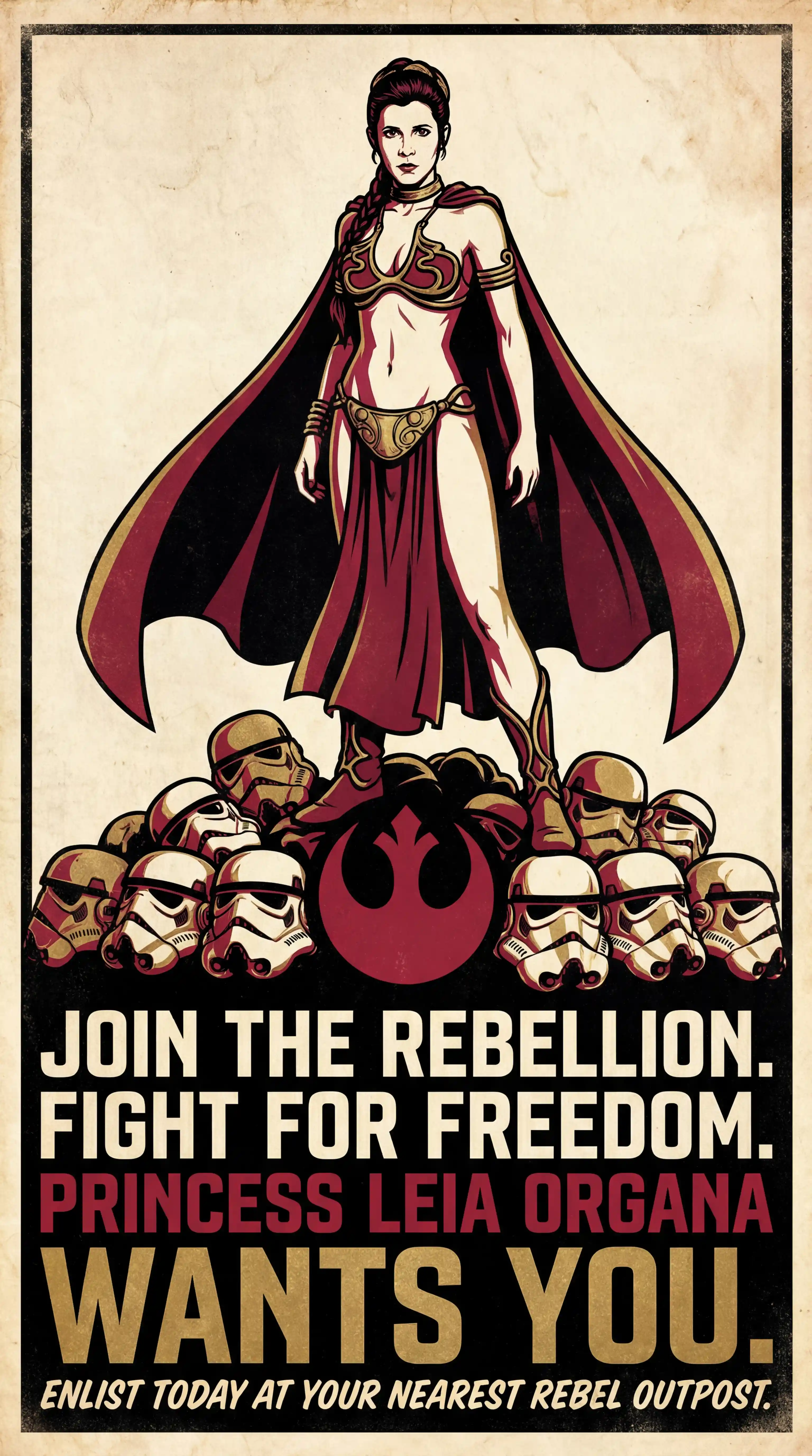 Rebel fantasy woman in iconic metal bikini recruitment poster