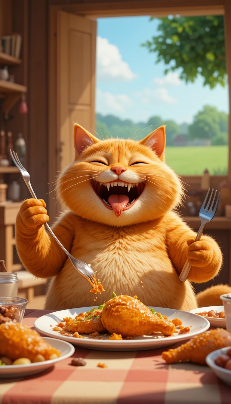 Chubby orange cat eating fried chicken at a sunny table