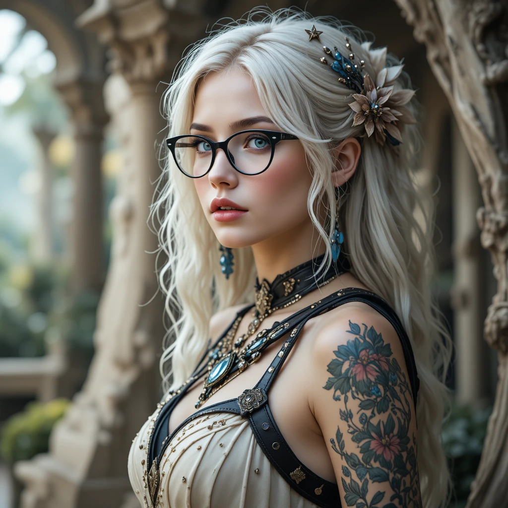 Blonde fantasy girl in glasses with ornate tattoos