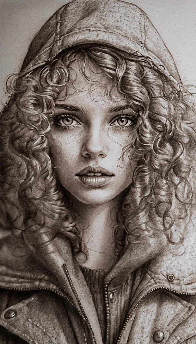 Retrato en grafito de mujer joven con cabello rizado y capucha