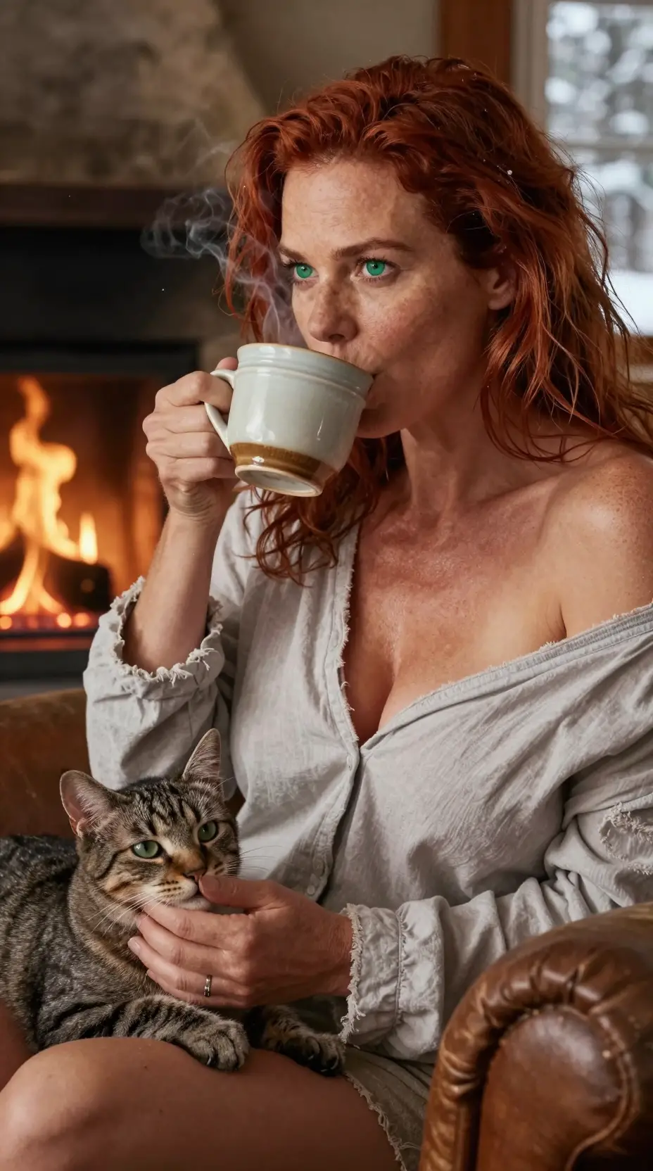 Sommersprossige Frau trinkt Kaffee am Feuer mit getigerter Katze