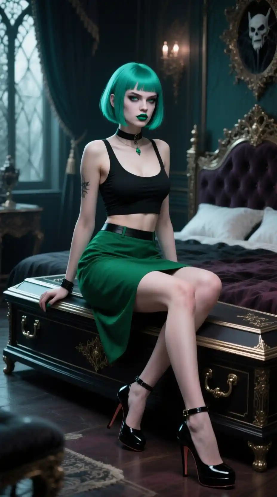 Vampire woman sitting on a coffin in gothic boudoir