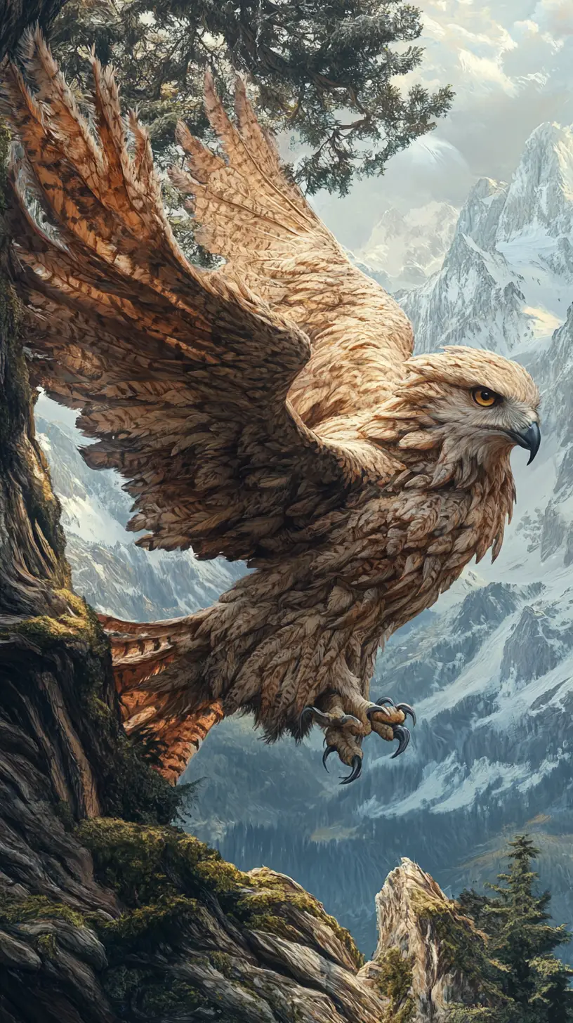 Mythical bird emerging from ancient tree before snowy peaks
