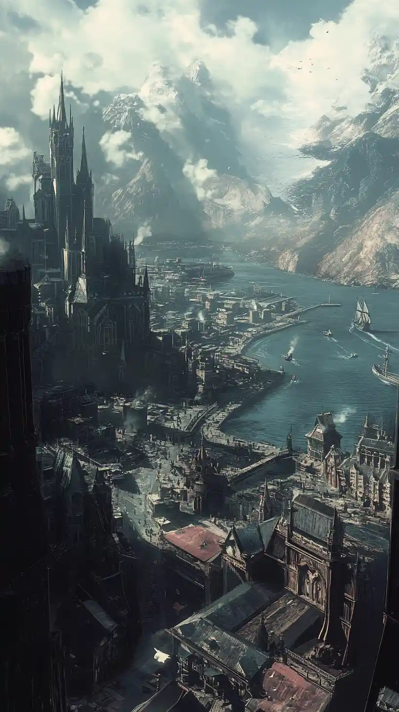Oscura città fantasy industriale in una vasta valle montuosa