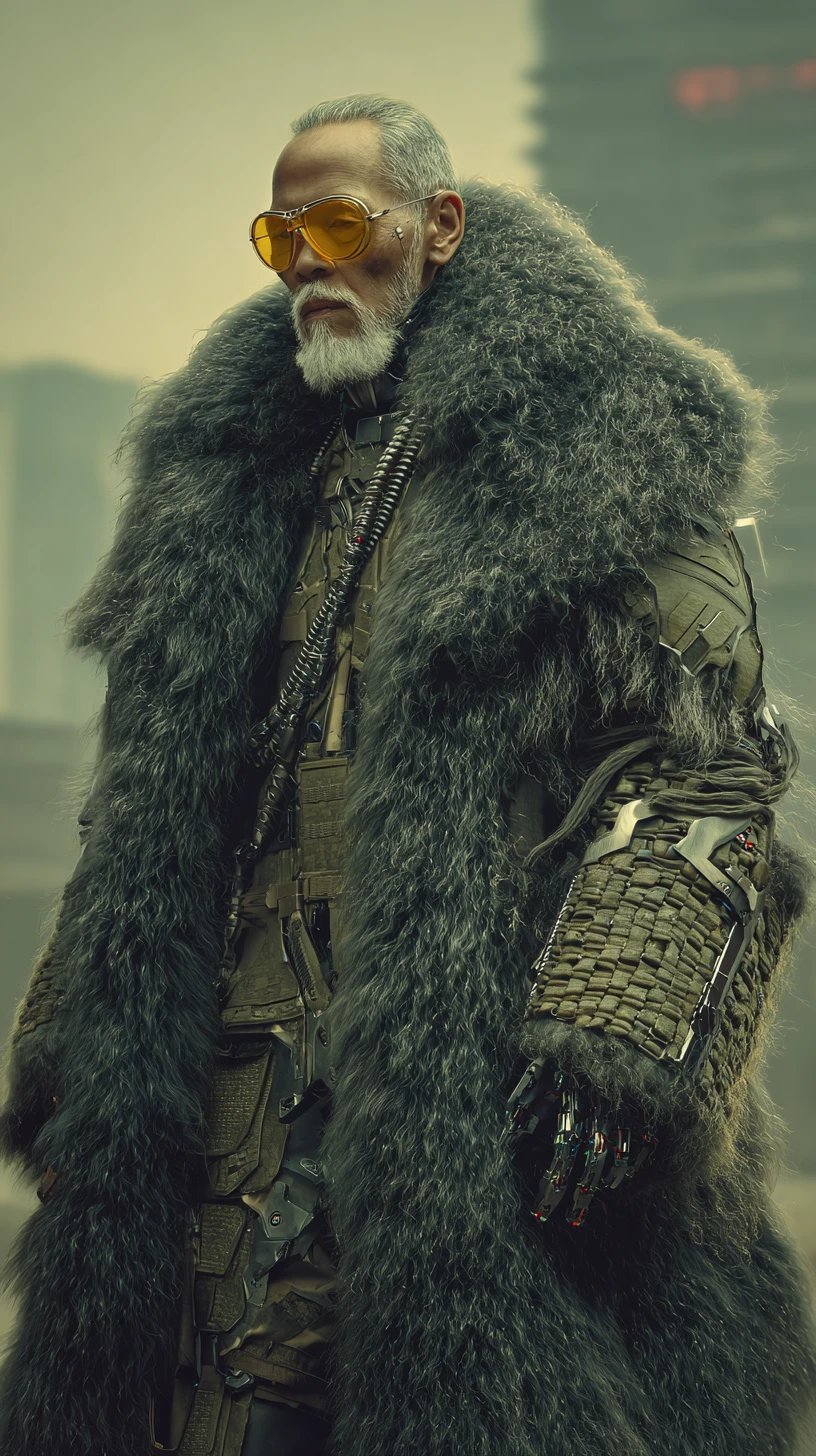 Elderly cybernetic warlord on a dystopian Hong Kong street