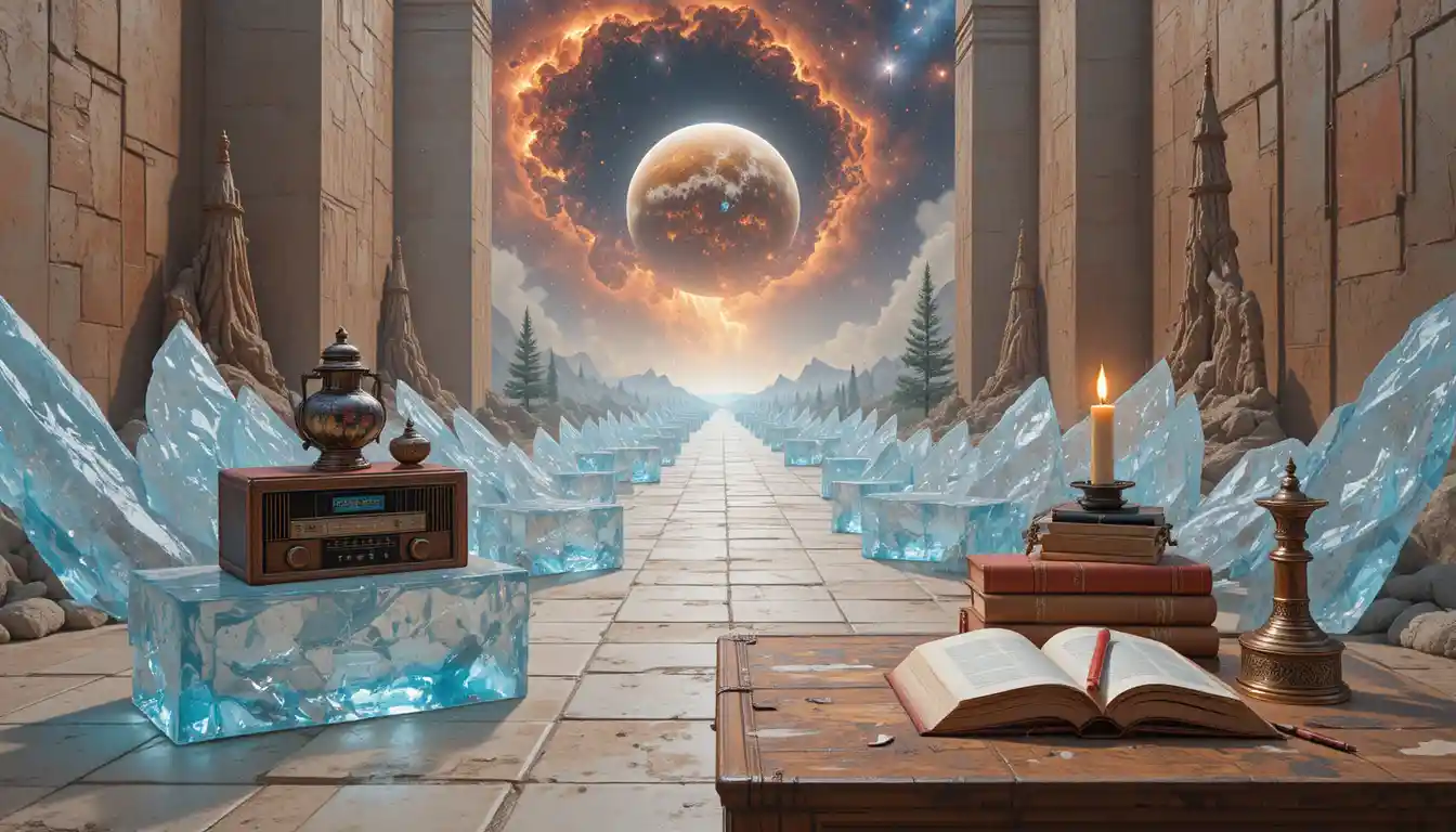 Surreal candle landscape beneath a glowing cosmic sky