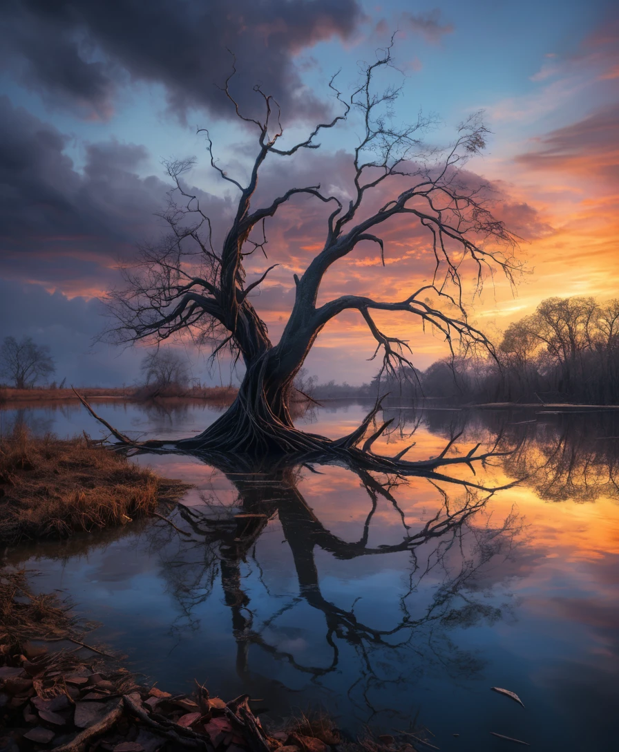 Twisted leafless tree by a pond at eerie sunset