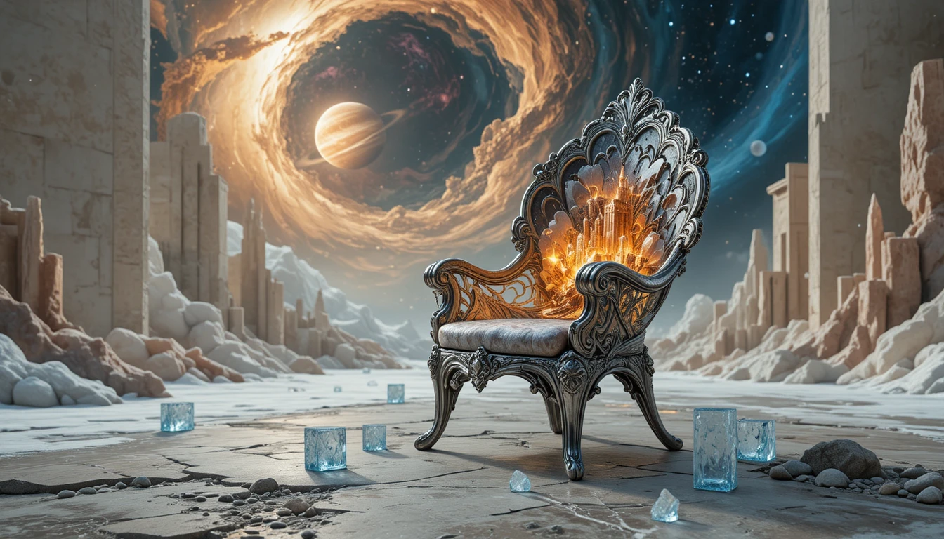 漂浮在旋轉宇宙星雲中的未來感椅子