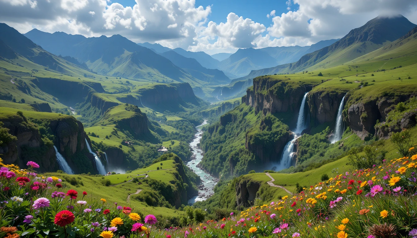 Green Andean mountains with waterfalls and wildflowers